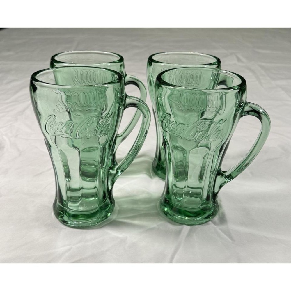 Vintage Coca-Cola Green Glass Latte Mugs Embossed Coke Cups Set of 4